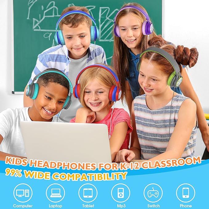 AILIHEN Classroom Headphones Bulk 10 Pack with Microphone - C8 On-Ear Wired Kids Headphones for School with 3.5mm Jack for Library Home Online Learning (Multicolor)