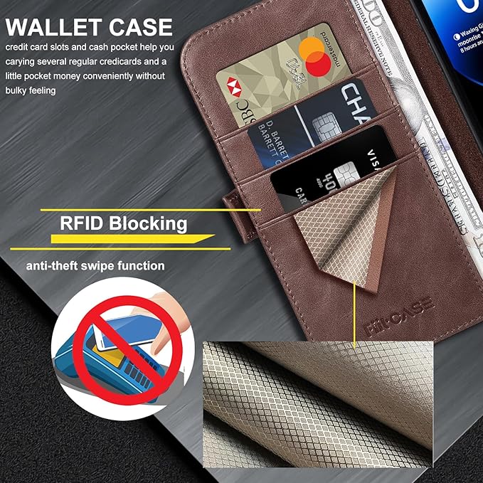 Case for iPhone 16 Pro 6.3" 2024-Genuine Leather Folio Magnetic Closure RFID Blocking Card Holder Kickstand Full Protection Phone Case Compatible with iPhone 16 Pro (Darkbrown)