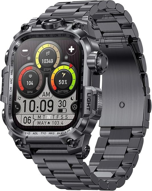 Tough Smart Watch for Working Men with Flashlight, 2.01" HD Ultra Large Rugged Smartwatch Bluetooth Call/Heart Rate/Sleep Monitor Hiking Camping Fitness Track Watches