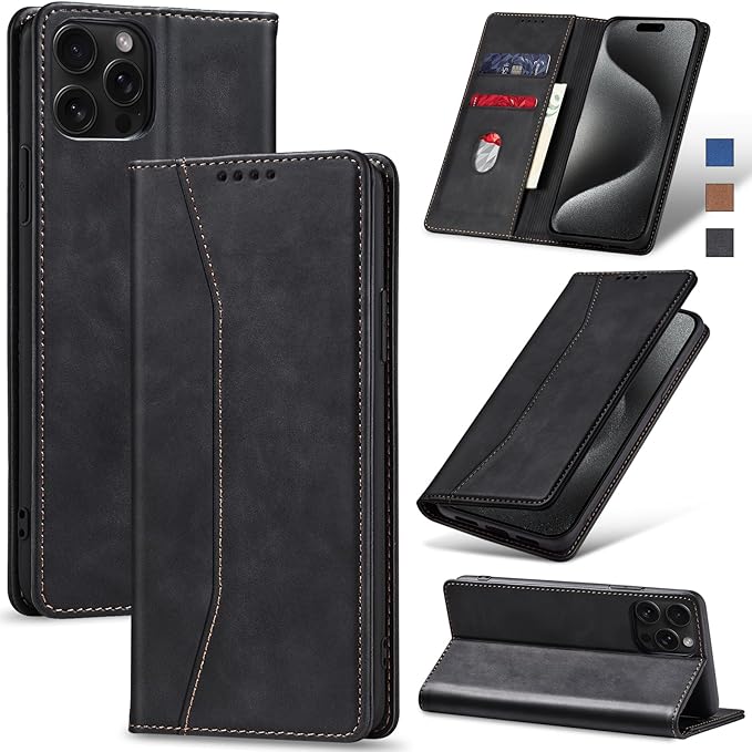 Jasonyu Flip Wallet Case for iPhone 15 Pro Max,Leather Magnetic Folio Cover with Card Holder,Kickstand - TPU Shockproof Durable Protective Phone Case,Black