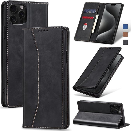 Jasonyu Flip Wallet Case for iPhone 15 Pro Max,Leather Magnetic Folio Cover with Card Holder,Kickstand - TPU Shockproof Durable Protective Phone Case,Black