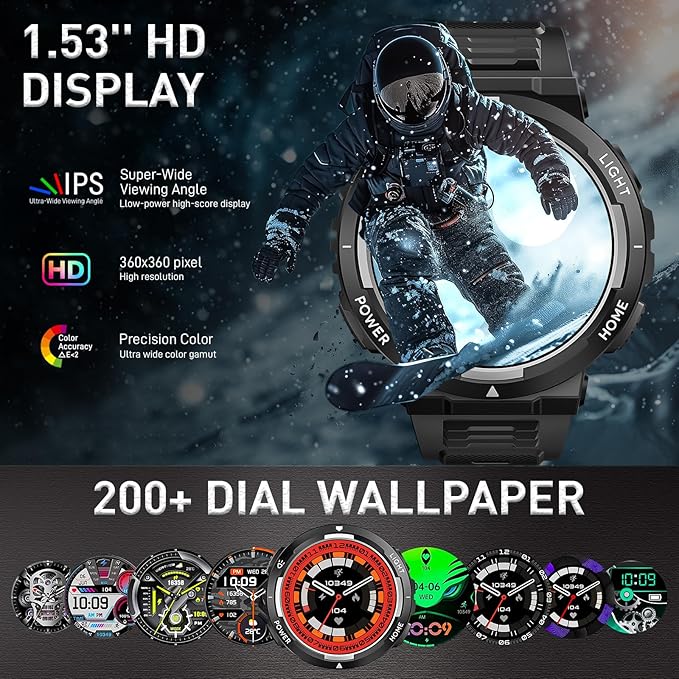 Military Smart Watches for Men (Answer/Make Calls) with LED Flashlight 3ATM Waterproof Smartwatch with 100+ Sports Modes 1.53" Fitness Tracker with Heart Rate Monitor for iPhone Android