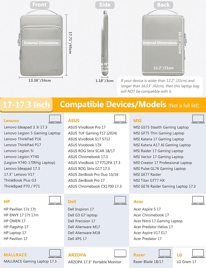 HYZUO 17-17.3 Inch Laptop Bag Case Sleeve for 17" 17.3" HP/Dell/Lenovo/ASUS/Acer/LG/MSI Gaming Laptop/Razer Blade 17/18, Notebook Carrying Briefcase for Men Women, Light Gray