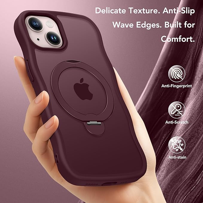 for iPhone 13 Case & iPhone 14 Case for Women,[Compatible with Magsafe][360° Spin Magnetic Stand][Cute Wave Edge][Military-Grade Protection]Translucent Matte Phone case for iPhone 13/14, Wine Red