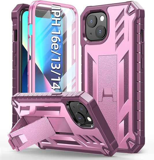 for iPhone 13/14 Protective Case: for iPhone 16e Cover with Built-in Kickstand | Heavy Duty Military Grade Hard Protection Shock Proof | Durable Dual-Layer Design Rose
