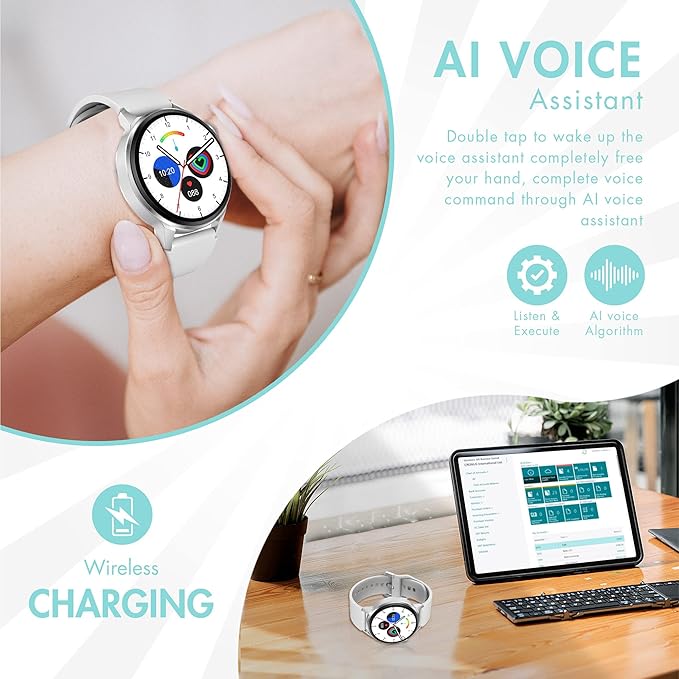 Smart Watch for Men & Women - Android Phones, Make/Answer Calls, Messaging, Voice Assistant, NFC Functions, Wireless Charging, Long Battery Life, Silver