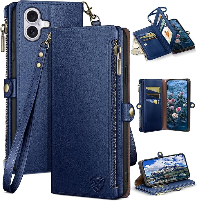 XcaseBar Compatible with iPhone 17 6.3" Wallet case with Zipper Credit Card Holder【RFID Blocking】,Flip Folio Book PU Leather Phone case Shockproof Cover Women Men for Apple 17 case Blue