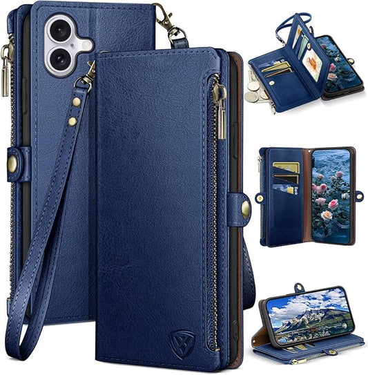XcaseBar Compatible with iPhone 17 6.3" Wallet case with Zipper Credit Card Holder【RFID Blocking】,Flip Folio Book PU Leather Phone case Shockproof Cover Women Men for Apple 17 case Blue
