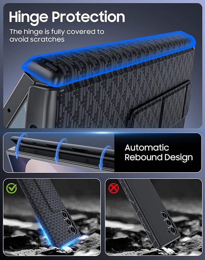 for Samsung Galaxy Z Fold 6 Case with Hand Strap & Kickstand & Hinge Protection, Ultra Slim Skin Feel Pattern Printing Full Body Shockproof Phone Case for Z Fold 6, No Screen Protector (Black)