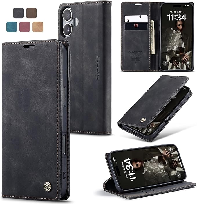 for iPhone 16 Plus Case, Flip Wallet Leather Case with Card Holder Magnetic Closure Shockproof Kickstand Protective Phone Cases Cover for iPhone 16 Plus, Black