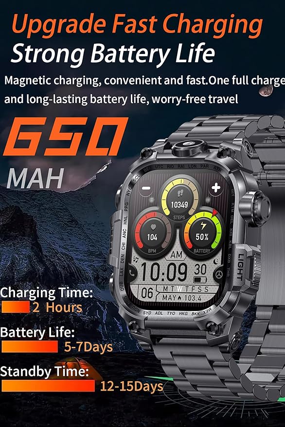 Tough Smart Watch for Working Men with Flashlight, 2.01" HD Ultra Large Rugged Smartwatch Bluetooth Call/Heart Rate/Sleep Monitor Hiking Camping Fitness Track Watches