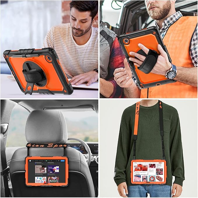 SEYMAC stock Tablet Case for Lenovo Tab M11 (TB-330FU/TB-330XU) 11 inch Drop-Proof Protection Cover with 360° Rotate Stand & Strap [Pen Holder] & Screen Protector/K11/Xiaoxin Pad 2024, Orange+Black
