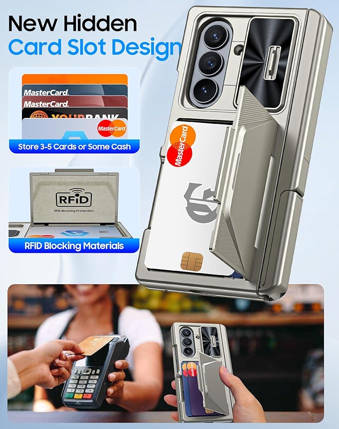 for Samsung Galaxy Z Fold 7 Case with Card Holder RFID Blocking, Built in Slide Lens Cover & Hinge Protection & Kickstand & Screen Protector, Shockproof Wallet Case for Z Fold 7 (Titanium Gold)