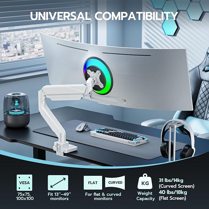 ARES WING Ultrawide Monitor Arm, Heavy Duty Single Monitor Mount for 13"-49" Curved Screens, Adjustable Stand for Desk with C-clamp & Grommet Base up to 40 LBS, White