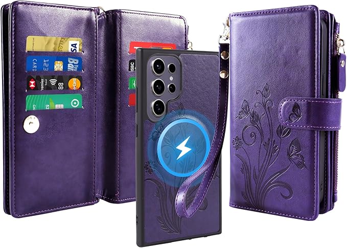Lacass for Samsung Galaxy S24 Ultra Case Wallet,Compatible with MagSafe 2 in 1 Magnetic Detachable PU Leather RFID Blocking Wallet Cover Card Holder Zipper Wrist Strap Lanyard,Floral Purple