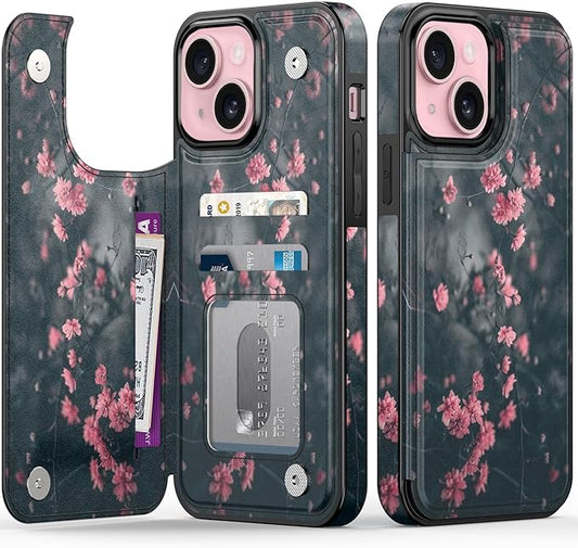 FUNMIKO for iPhone 13 Wallet Case with Card Holder, RFID-Blocking, Military-Grade Protection & UV-Printed Artwork, Magnetic Closure with Leather Kickstand - Mystic Blooming Plum