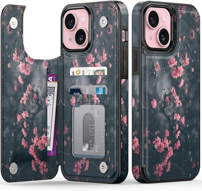FUNMIKO for iPhone 15 Wallet Case with Card Holder, RFID-Blocking, Military-Grade Protection & UV-Printed Artwork, Magnetic Closure with Leather Kickstand - Mystic Blooming Plum