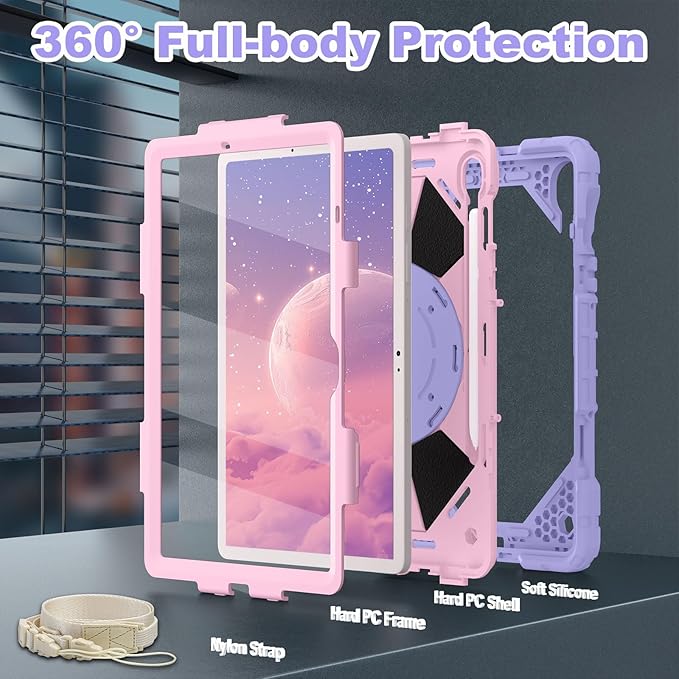 WESOROL Case for Samsung Galaxy Tab S10 Lite/S10 FE/S9 FE 10.9 Inch Galaxy Tab S9 11 Inch,Drop Protection Samsung S9 FE Kids Tablet Case with Screen Protector Rotate Stand Pen Holder,Purple Rose