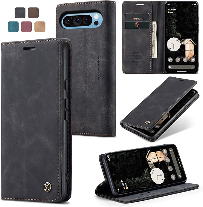 for Google Pixel 9 Pro XL Case, Flip Wallet Leather Case with Card Holder Magnetic Closure Shockproof Kickstand Protective Phone Cases Cover for Google Pixel 9 Pro XL,Black