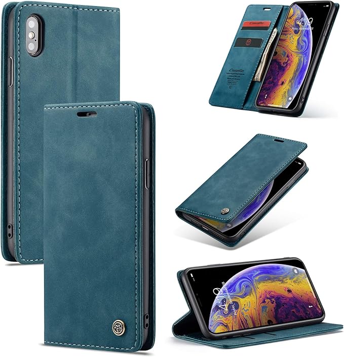 for iPhone Xs Max 6.5-Inch Case, Flip Wallet Leather Case with Card Holder Magnetic Closure Shockproof Kickstand Protective Phone Cases Cover for iPhone Xs Max, Blue-Green