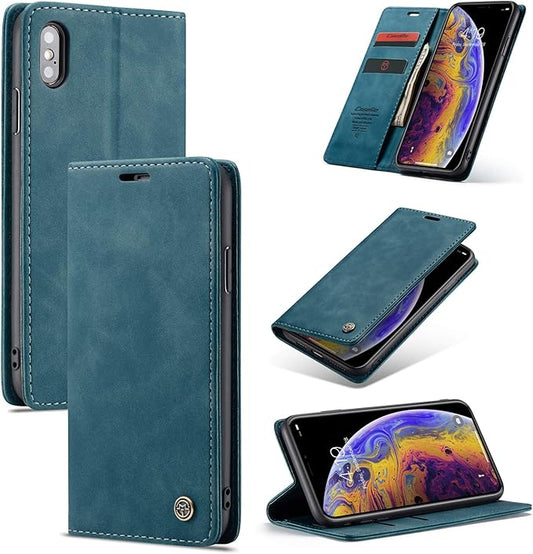 for iPhone Xs Max 6.5-Inch Case, Flip Wallet Leather Case with Card Holder Magnetic Closure Shockproof Kickstand Protective Phone Cases Cover for iPhone Xs Max, Blue-Green