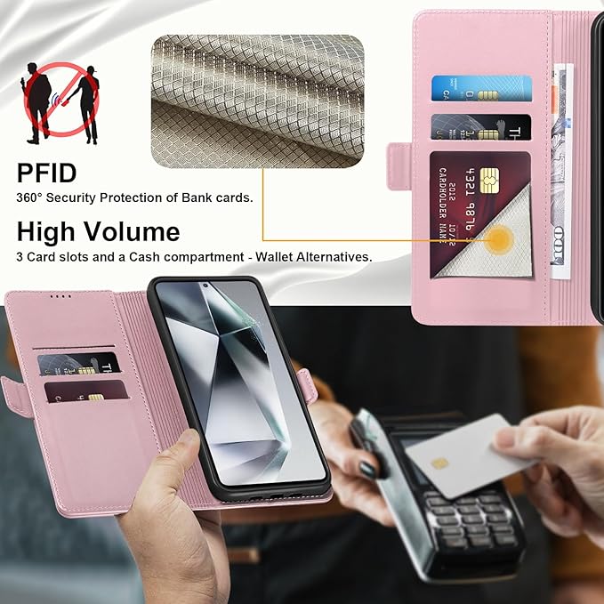 Wallet Flip Case for Samsung Galaxy S25 Ultra 5G - [RFID Blocking] Luxury PU Leather Card Holder Magnetic Phone Cover with Kickstand,Shockproof Protective Case,Pink