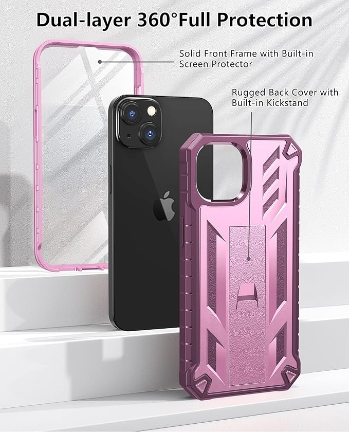 for iPhone 13/14 Protective Case: for iPhone 16e Cover with Built-in Kickstand | Heavy Duty Military Grade Hard Protection Shock Proof | Durable Dual-Layer Design Rose