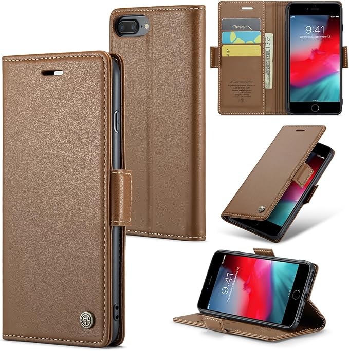for iPhone 8 Plus & 7 Plus Case, Premium PU Leather Wallet Case Flip Cover with [RFID Blocking][Card Holder][Stand Function] Shockproof Protective for iPhone 8 Plus & 7 Plus, Brown