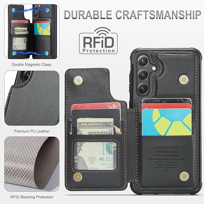 Vinich for Samsung Galaxy S24 Plus Wallet Case with Card Holder, RFID Blocking Credit Slots Kickstand Shockproof Phone Cover for Women Men, Black