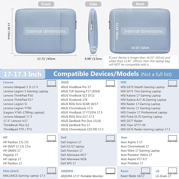 HYZUO 17-17.3 Laptop Sleeve Bag Set for 17" 17.3" HP/Lenovo/Dell/ASUS/Acer/LG/Toshiba/MSI Gaming Laptop/Razer Blade 17/18, Notebook Protective Case for Men Women, Pale Blue