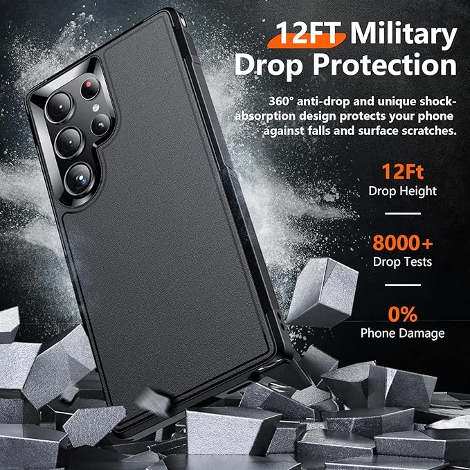 Red2Fire for Samsung Galaxy S24 Ultra Case, with 2Pcs [Tempered Glass Screen Protector+Camera Protector][Military Grade Shockproof] Heavy Duty Full Body Protection Phone Case for S24 Ultra Case,Black