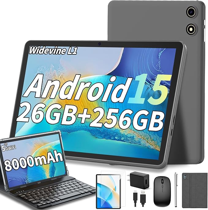 Android 15 Tablet, 26GB + 256GB (2TB Expandable), 10.1-inch Tablet with Keyboard, 8000 mAh Battery, BT 5.0, 5G WiFi, Widevine L1, 2-in-1 Tab with Mouse, Protective Case，Stylus（Silver Case）