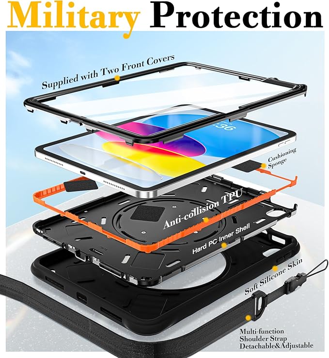 BRAECN Ripple Case for iPad (A16)11th/10th Generation 11/10.9 inch 2025/2022 Zinc Alloy Handle Ring Stand Protective Heavy Duty Screen Protector 360°Rotating 180°Folding Shoulder Strap Full-Body Cover