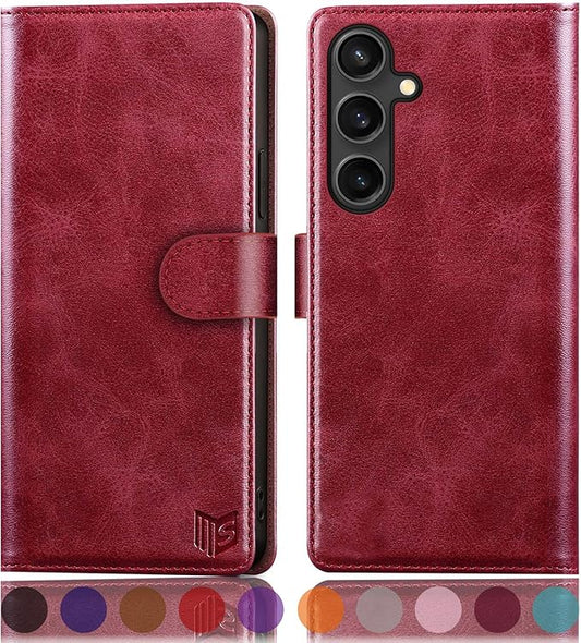 SUANPOT Compatible with Samsung Galaxy S25 Wallet case with RFID Blocking Credit Card Holder,Flip Book PU Leather Protective Cover Women Men for Samsung S25 Phone case Red