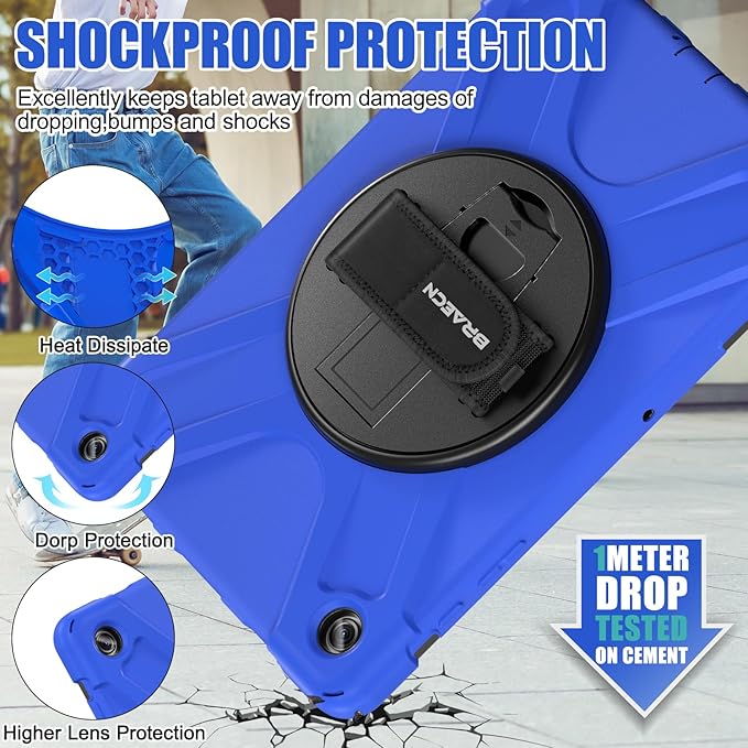 BRAECNstock Case for Samsung Galaxy Tab A9+ Plus 11 inch (SM-X210/X216/X218) Shockproof Protective Tab A9+ Kids Case with Screen Protector Pen Holder Rotating Hand Strap+Stand, Blue