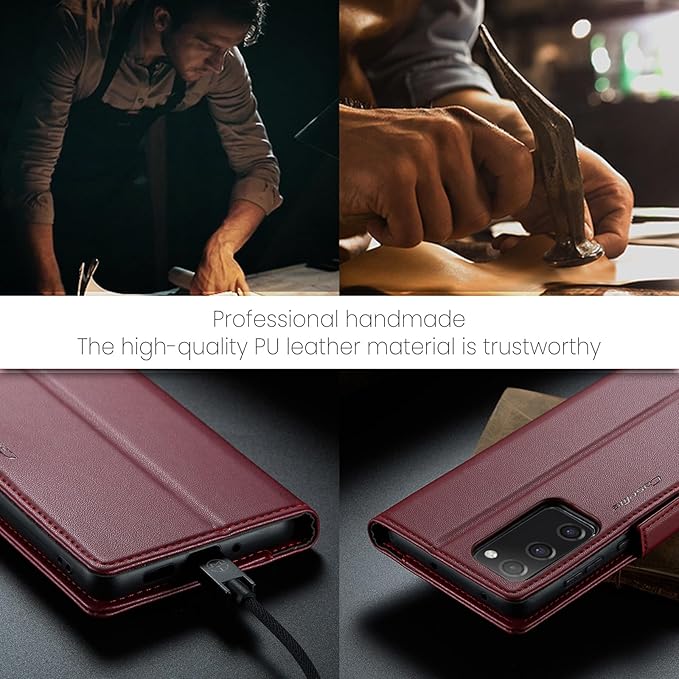 AUPAI for Samsung Galaxy S20 FE Wallet Case with Credit Card Holder, PU Leather RFID Blocking Folio Flip Kickstand Magnetic Clasp Protective Phone Cover for Women Men Wine Red