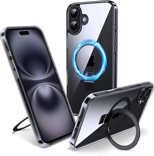 Magnetic Case for iPhone 16 Plus - [Built-in Invisible Stand] [Compatible with MagSafe] [Military Grade Drop Protection] Anti-Yellowing Hard Back Silicone Edge Cover, 6.7", Clear Black
