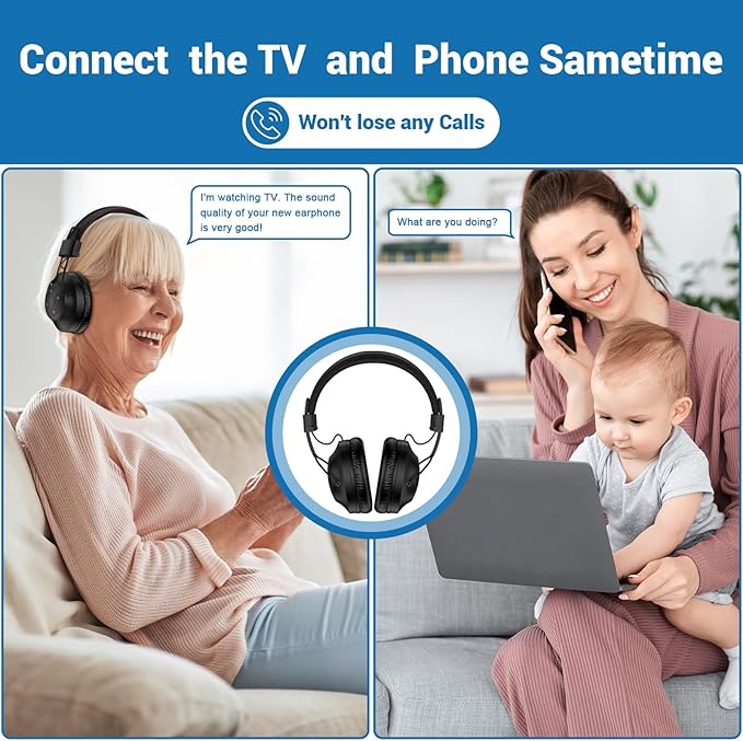 ROSIDA Dual Wireless Headphones for TV Watching with Transmitter, Headset Stand, TV Headphones for Seniors, 295FT Range with Optical, AUX, RCA,USB, High Volume Control, Long Playtime, No Delay, Black