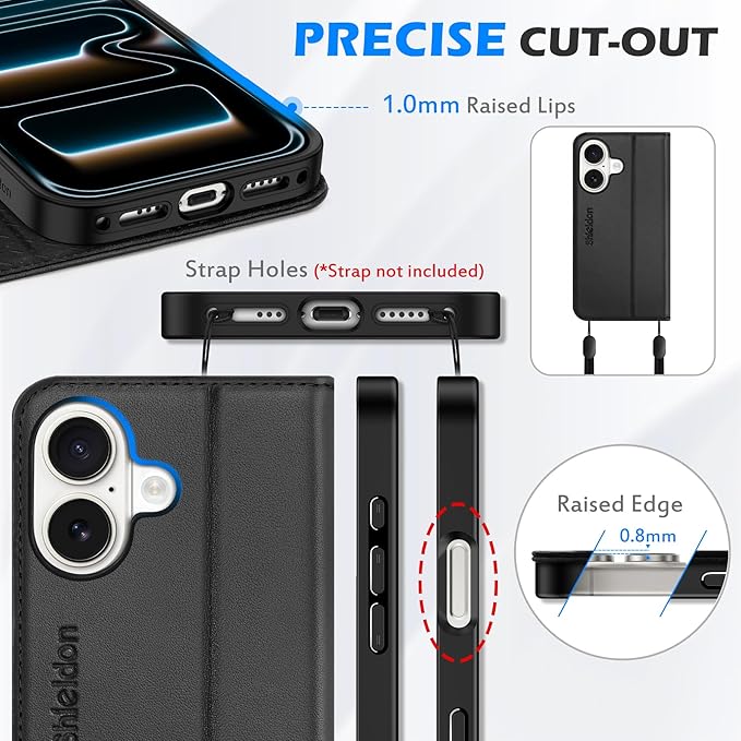 SHIELDON Genuine Leather Wallet Case for iPhone 17 6.3-inch 5G 2025 | Flip Magnetic Cover | Kickstand | RFID Blocking | 3 Credit Card Holder | Shockproof | Soft Inner Phone Case | Black
