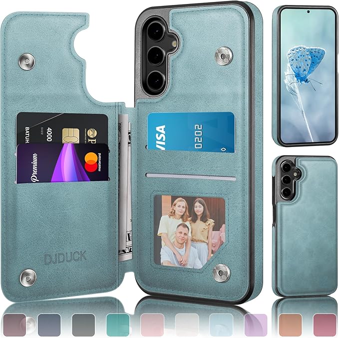 DJDUCK Designed for Samsung Galaxy S25 Case Wallet with Card Holder, [Magnetic Clasp Cover] [RFID Blocking Leather Protection] Shockproof Women Men Cases for Samsung S25 Sky Blue