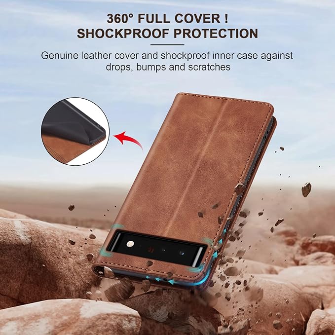Jasonyu Flip Wallet Case for Google Pixel 6 5G,Leather Magnetic Folio Cover with Card Holder,Kickstand - TPU Shockproof Durable Protective Phone Case,Brown