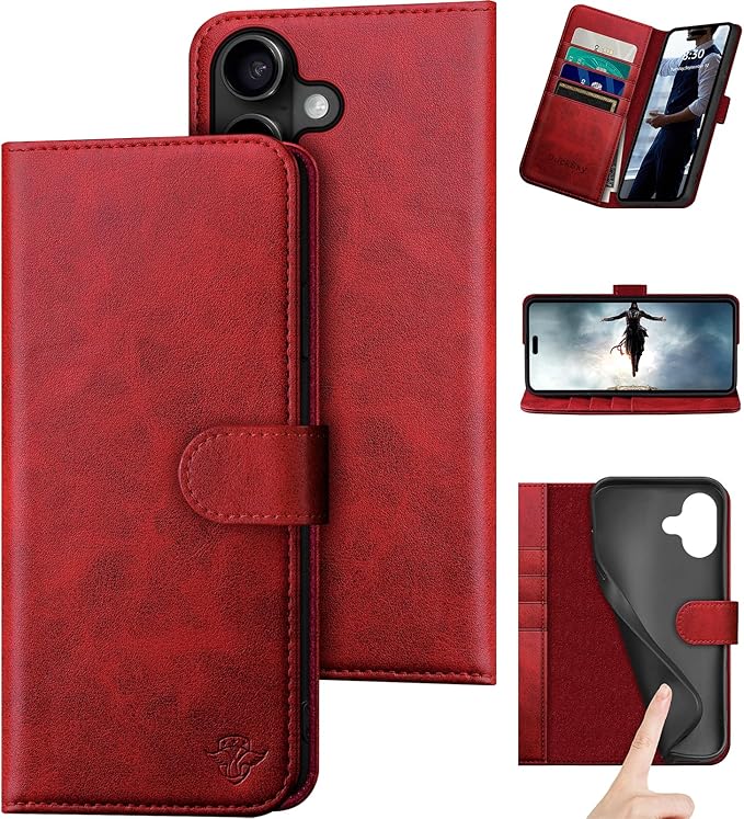Compatible with iPhone 17 6.3" Genuine Leather Wallet case【RFID Blocking】【4 Credit Card Holder】【Real Leather】 Flip Phone case Cover Women Men for Apple 17 case Red