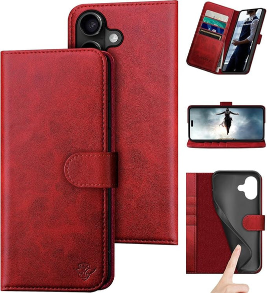 Compatible with iPhone 17 6.3" Genuine Leather Wallet case【RFID Blocking】【4 Credit Card Holder】【Real Leather】 Flip Phone case Cover Women Men for Apple 17 case Red