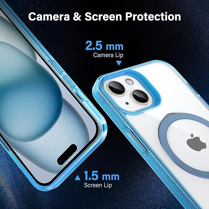 Magnetic Case for iPhone 15 - [Built-in Invisible Stand] [Compatible with MagSafe] [Military Grade Drop Protection] Anti-Yellowing Hard Back Silicone Edge Cover, 6.1", Clear Blue