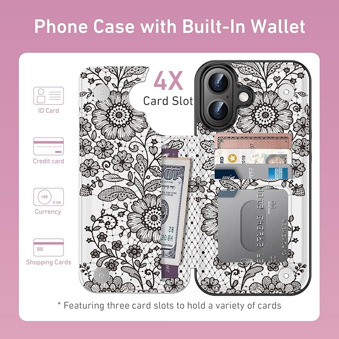 FUNMIKO for iPhone 16 Plus Wallet Case with Card Holder, RFID-Blocking, Military-Grade Protection & UV-Printed Artwork, Magnetic Closure with Leather Kickstand - Graceful Lace Floral