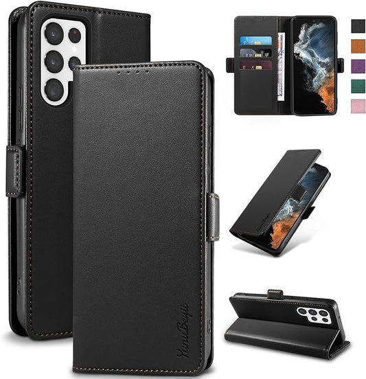 Wallet Flip Case for Samsung Galaxy S22 Ultra 5G - [RFID Blocking] Luxury PU Leather Card Holder Magnetic Phone Cover with Kickstand,Shockproof Protective Case,Black