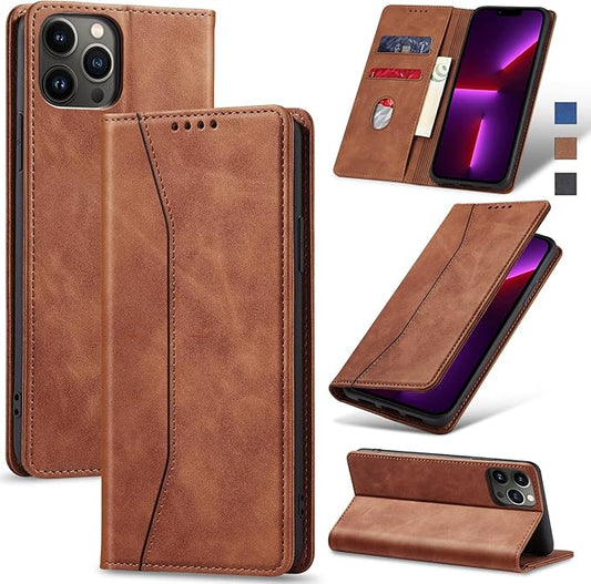 Jasonyu Flip Wallet Case for iPhone 13 Pro Max,Leather Magnetic Folio Cover with Card Holder,Kickstand - TPU Shockproof Durable Protective Phone Case,Brown