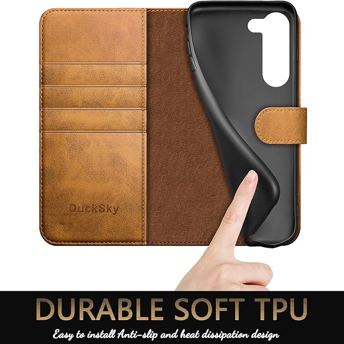 for Samsung Galaxy S23 5G Genuine Leather Wallet case 【RFID Blocking】【4 Credit Card Holder】【Real Leather】 Flip Folio Book Phone case Protective Cover Women Men for SamsungS23 case Khaki
