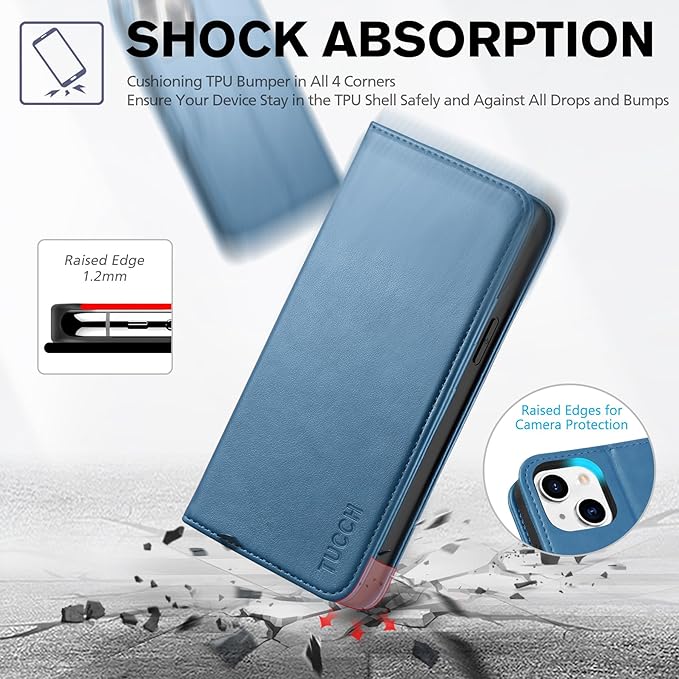 TUCCH Case for iPhone 14 Wallet Case 6.1", Premium PU Leather Folio Cover with [RFID Blocking] 3 Card Slot, Stand Book Design [Shockproof TPU Interior Case] Compatible with iPhone 14 2022, Light Blue