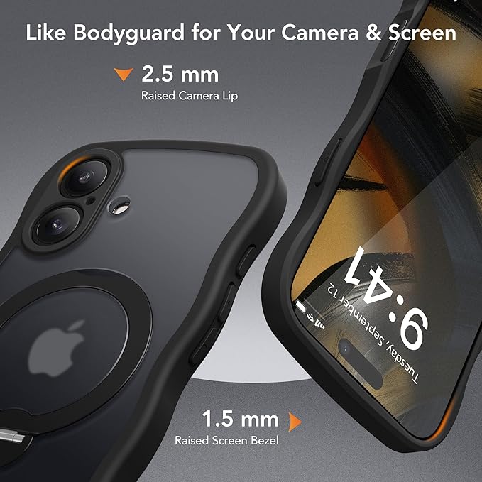 GolbinBox for iPhone 16 Plus Case,[Compatible with Magsafe][360° Spin Magnetic Stand][Military-Grade Protection][Camera Control][Cute Wave Edge] Translucent Matte Women Phone Cover for 16 Plus, Black